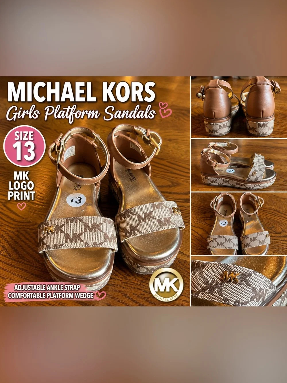 Michael Kors Girls Platform Sandals Size 13 Brown MK Logo Wedge Sandals